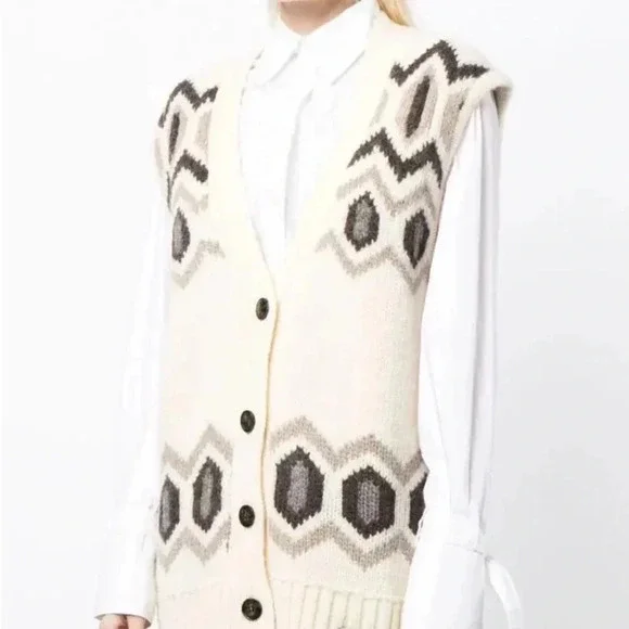 GANNI NWT Intarsia Graphic Knit Oversized Wool Vest Egret White S M $445 - Picture 4 of 14
